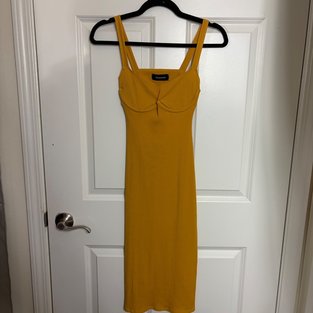 Reformation Mustard Yellow Ribbed Midi Dress Open Back XS Sweetheart Neckline